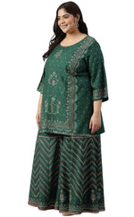 Plus Size Dark Green Glitter Floral Printed kurta With Sharara Pants And Pink Dupatta in Berlin