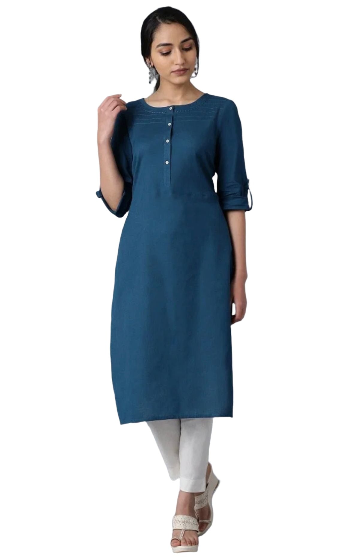 Blue Round Neck Solid kurta in Germany