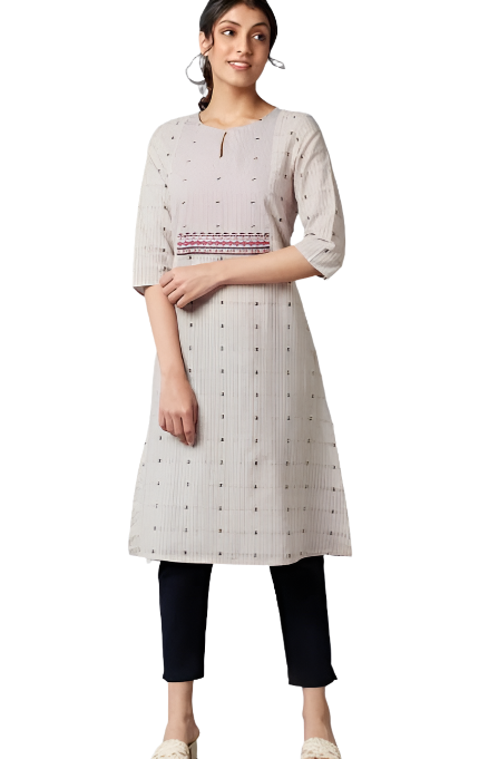 Beige Cotton Dobby kurta With Embroidered Yoke in Paris