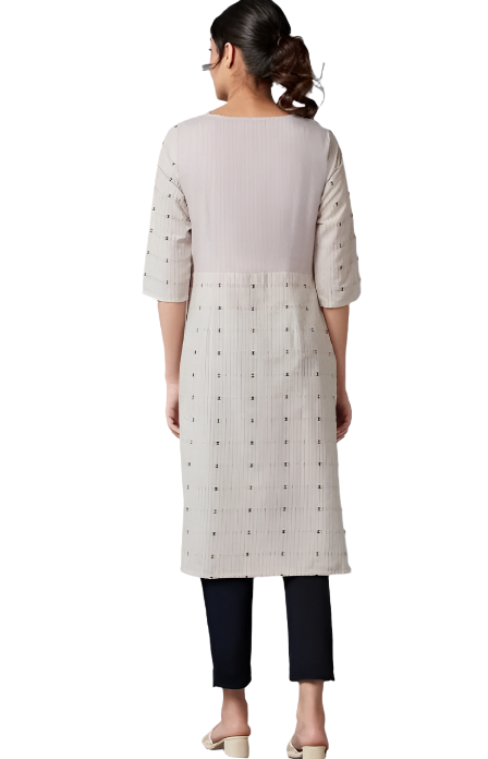 Beige Cotton Dobby kurta With Embroidered Yoke in Paris