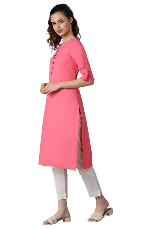 Pink Round Neck Solid kurta in Paris