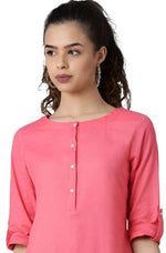 Pink Round Neck Solid kurta in Paris