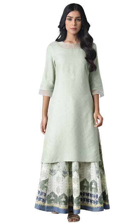 Sage Green Printed kurta with Organza Detail in Germany