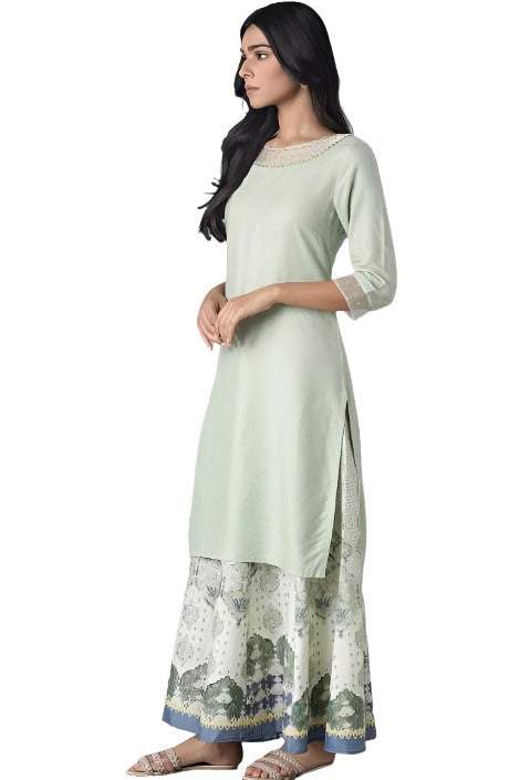 Sage Green Printed kurta with Organza Detail in Germany