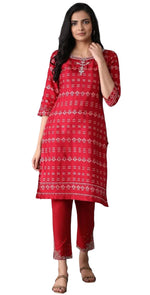 Red Printed Straight kurta in Paris