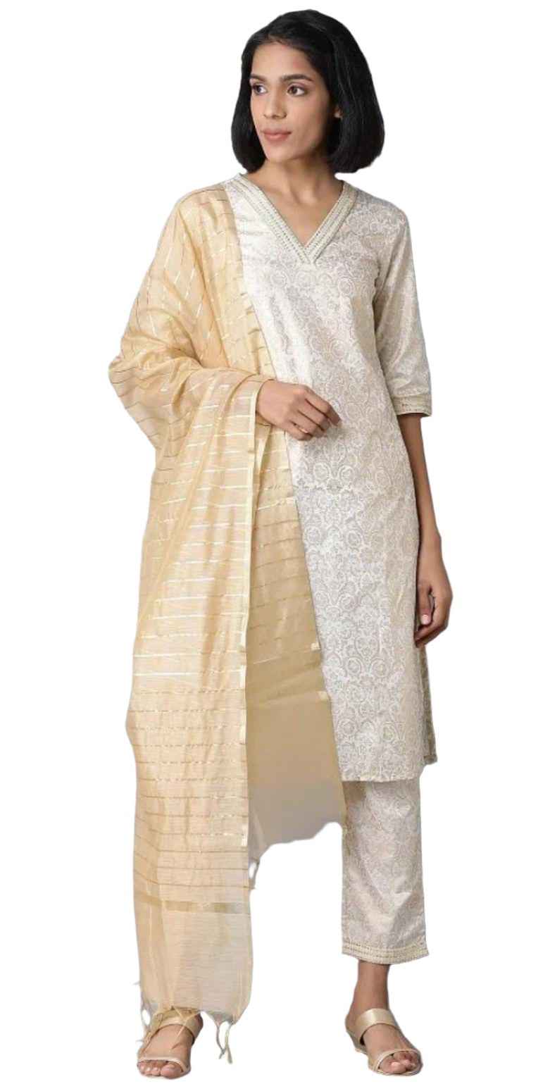 Off-White Yarn-Dyed Straight kurta-Trousers-Dupatta Set in Germany
