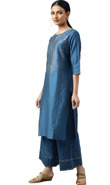 Blue Mukaish Placement Print kurta in Germany