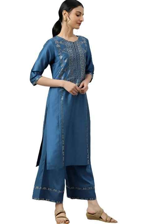Blue Mukaish Placement Print kurta in Germany