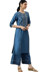 Blue Mukaish Placement Print kurta in Germany