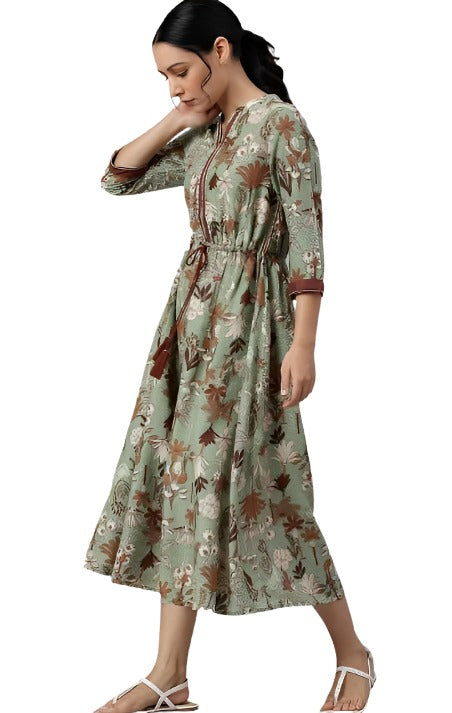 Green Printed Gathered Western Dress in Germany