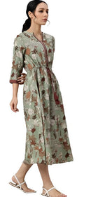 Green Printed Gathered Western Dress in Germany
