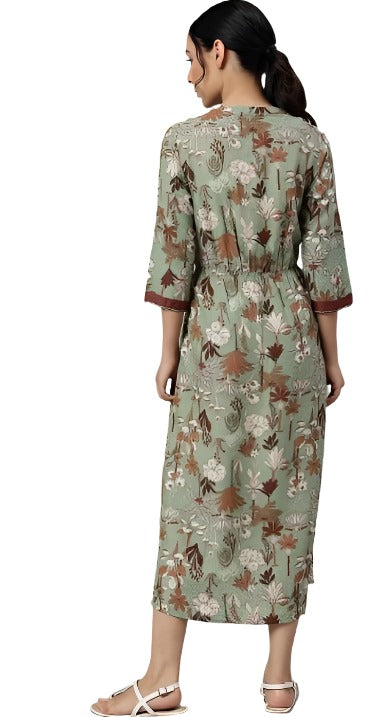 Green Printed Gathered Western Dress in Germany