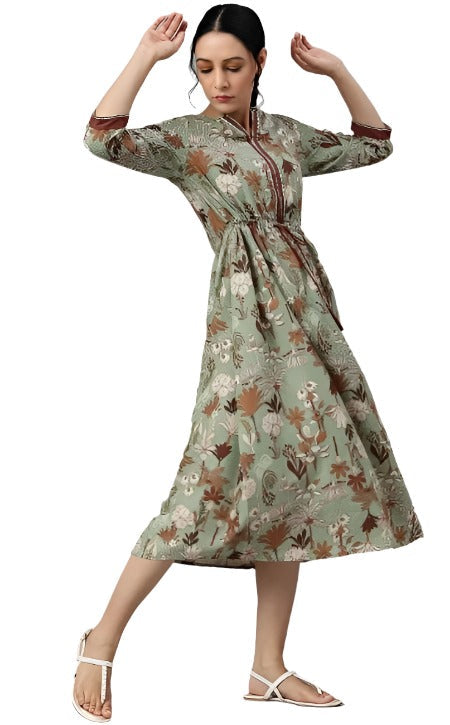 Green Printed Gathered Western Dress in Germany