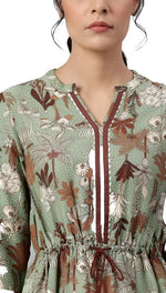 Green Printed Gathered Western Dress in Germany