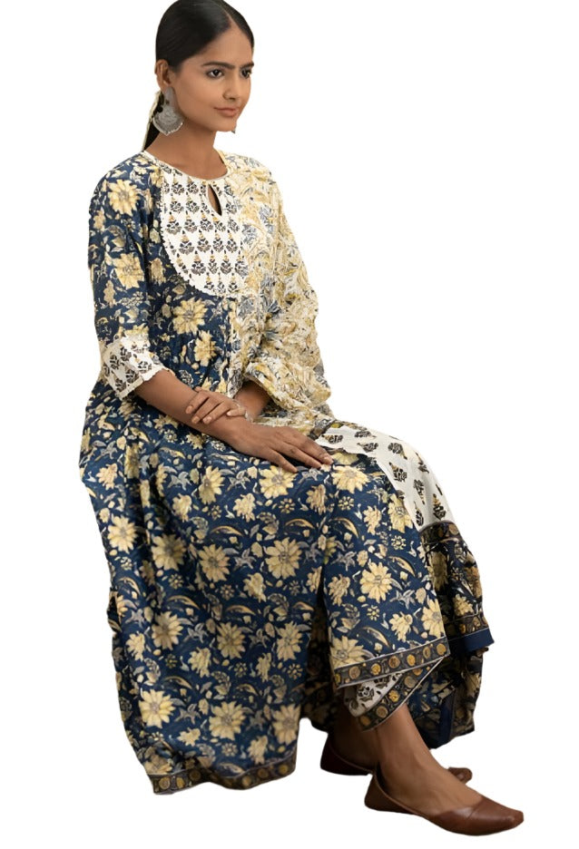 Blue Printed Cotton Anarkali Kurta With Palazzos & Dupatta in Berlin