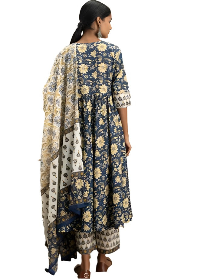 Blue Printed Cotton Anarkali Kurta With Palazzos & Dupatta in Berlin