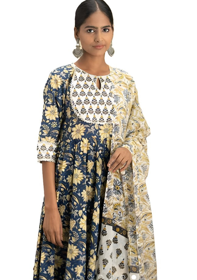 Blue Printed Cotton Anarkali Kurta With Palazzos & Dupatta in Berlin
