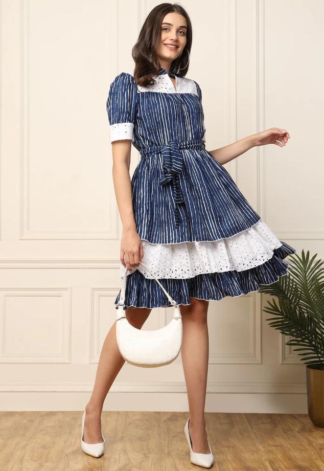INDIGO STRIPED WITH SCHIFFLI EMBROIDERED TIERED LAYERED WOMEN DRESS in Munich