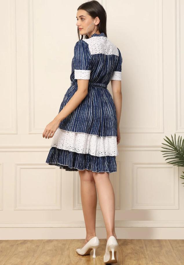 INDIGO STRIPED WITH SCHIFFLI EMBROIDERED TIERED LAYERED WOMEN DRESS in Munich
