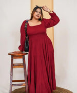 WOMEN'S PLUS SIZE MAROON SQUARE NECK SOLID MAXI DRESS