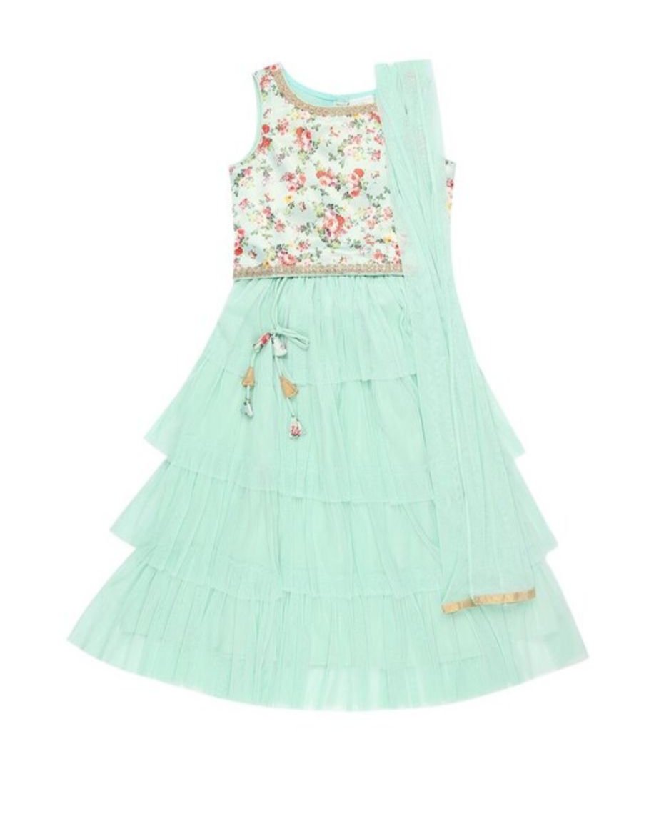 White Solid Ethnic Round Neck Sleeveless Maxi Girls Regular Fit Lehenga Set in Munich