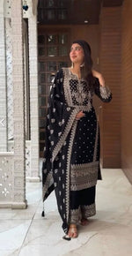 Grand Black Color Chinnon Silk Embroidery Sequence Plazzo Suit in Germany