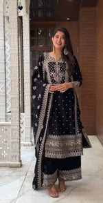 Grand Black Color Chinnon Silk Embroidery Sequence Plazzo Suit in Germany
