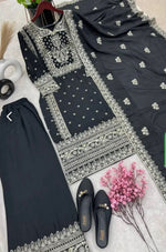 Grand Black Color Chinnon Silk Embroidery Sequence Plazzo Suit in Germany
