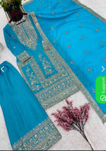 Sky Color Designer Palazzo Suit in Chinon With Sequence Embroidery Work in Berlin