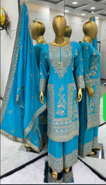 Sky Color Designer Palazzo Suit in Chinon With Sequence Embroidery Work in Berlin