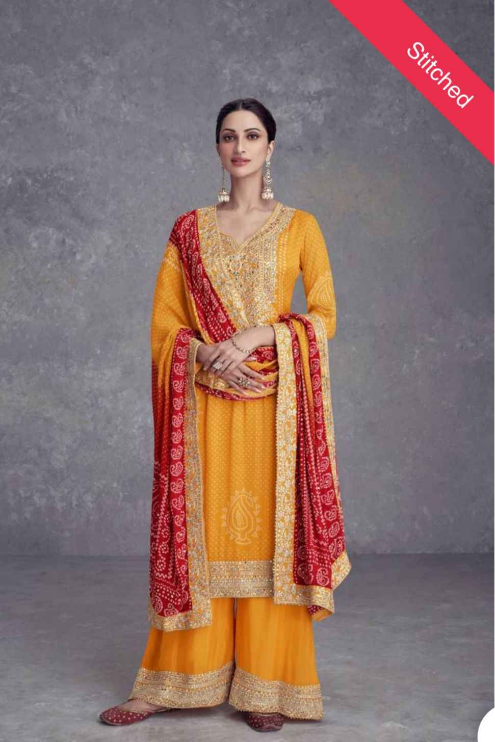 Mustard Mirror Embroidered Chinon Kurta Set in Germany