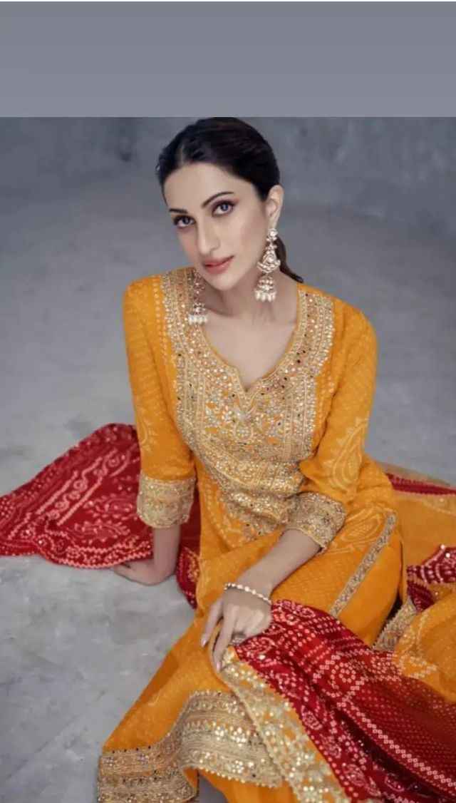 Mustard Mirror Embroidered Chinon Kurta Set in Germany
