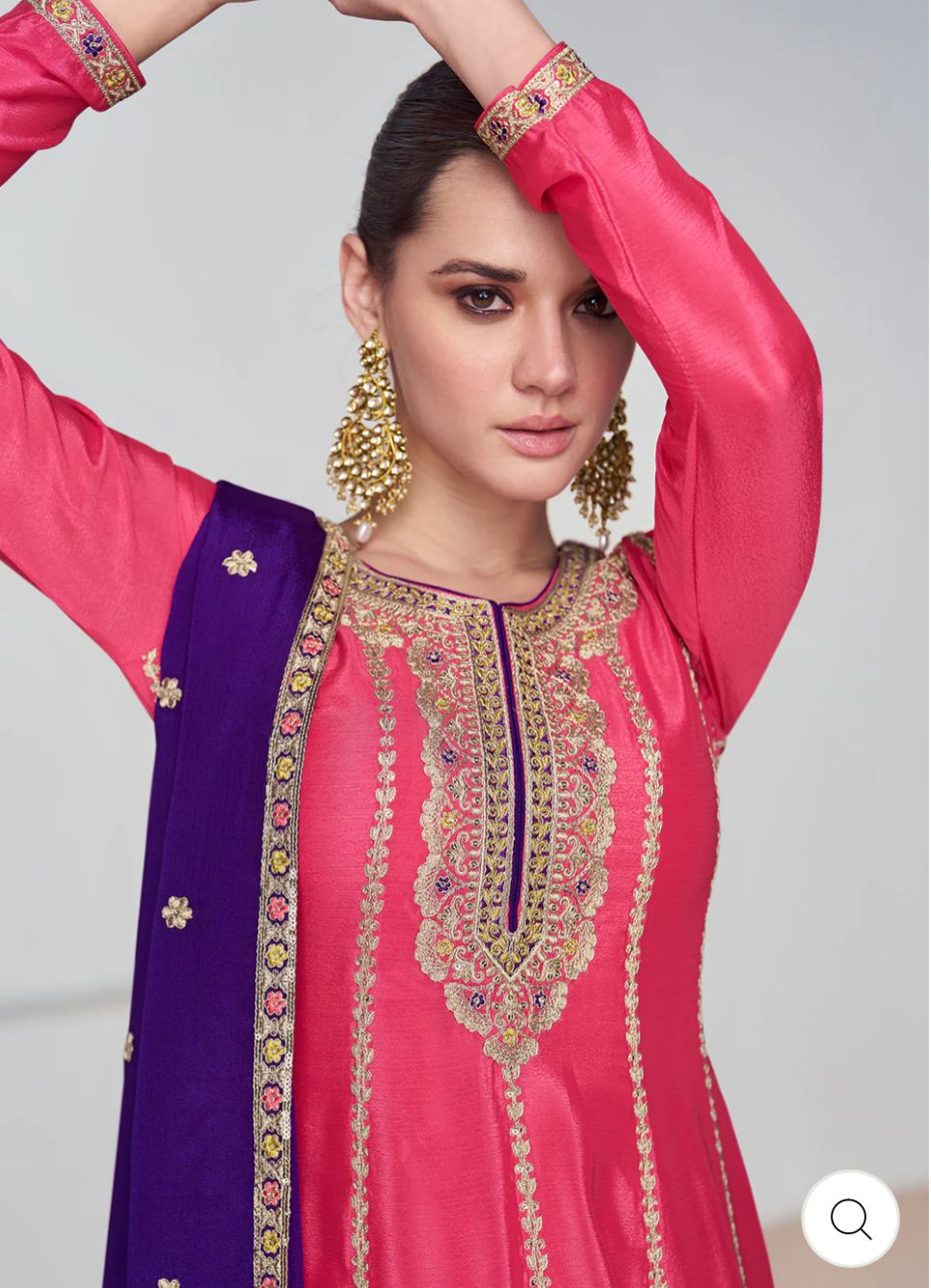 Pink and Purple Chinnon Silk Palazzo Suit with Embroidered Dupatta in Germany