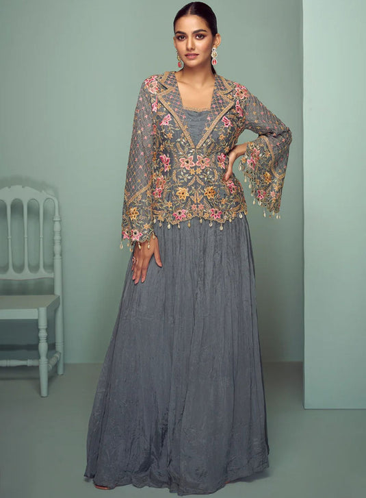 Embroidered Chinon Silk Sharara Suit in Grey in Germany