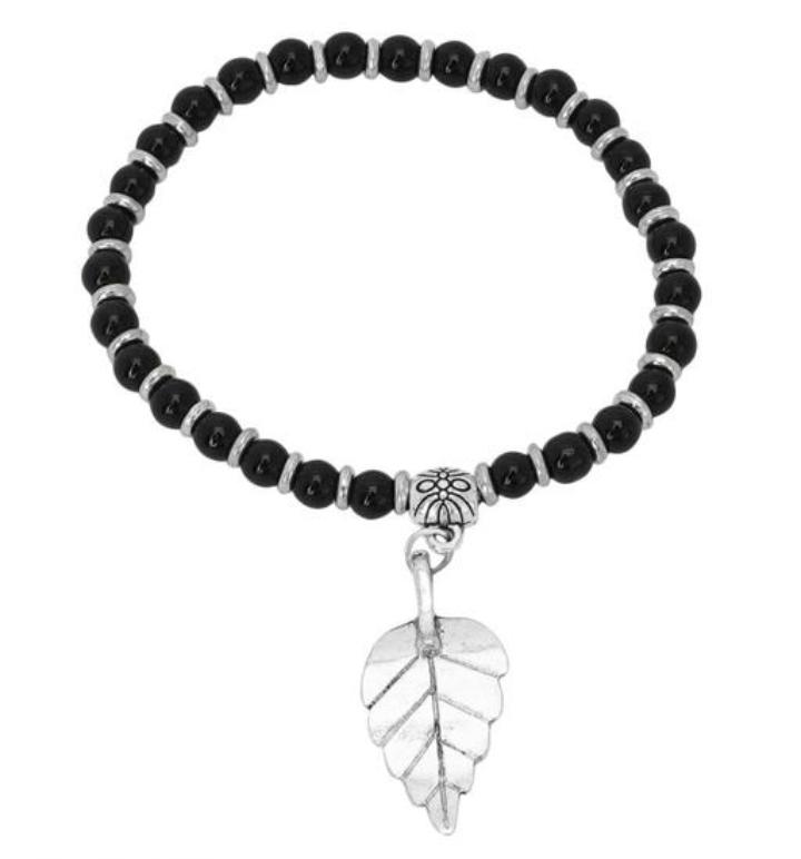 Oxidized Black Beads Beaded Leaf Charm Bracelet in Munich