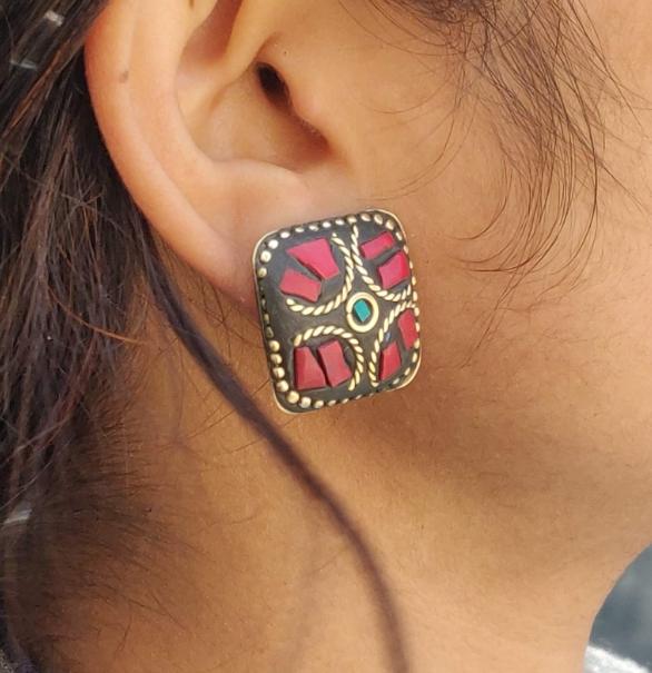 Square Shaped Tibetan Style Stud Earrings, Lac Work Earrings in Berlin