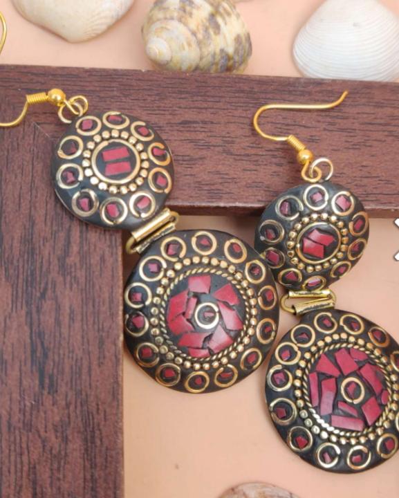 Handcrafted Handmade Antique Multicolor Round Shaped Double Layer Laq Earrings in Berlin