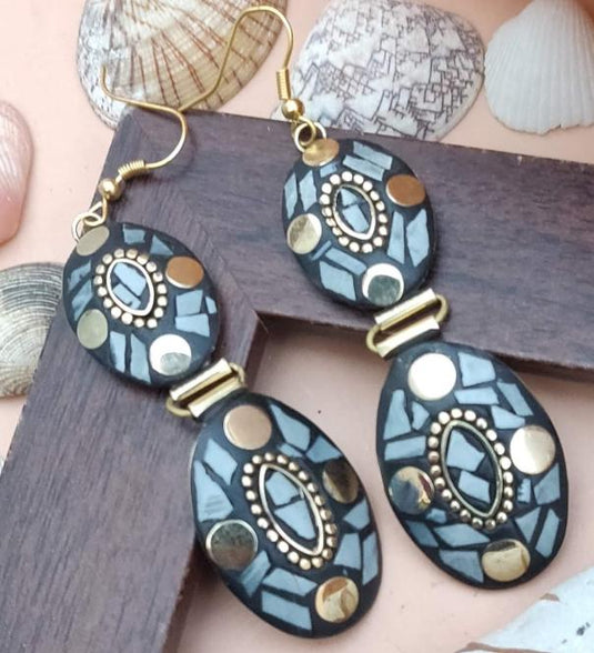 Afghani Lac Work, Tibetan Style Double Layer Oval Shape Earrings in Berlin