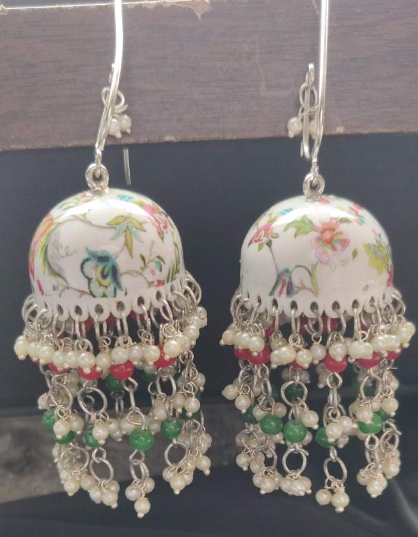 Designer Handpainted Meenakari Work Pearl Tessel Jhumka Hook Earrings in Germany