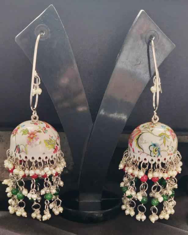 Designer Handpainted Meenakari Work Pearl Tessel Jhumka Hook Earrings in Germany