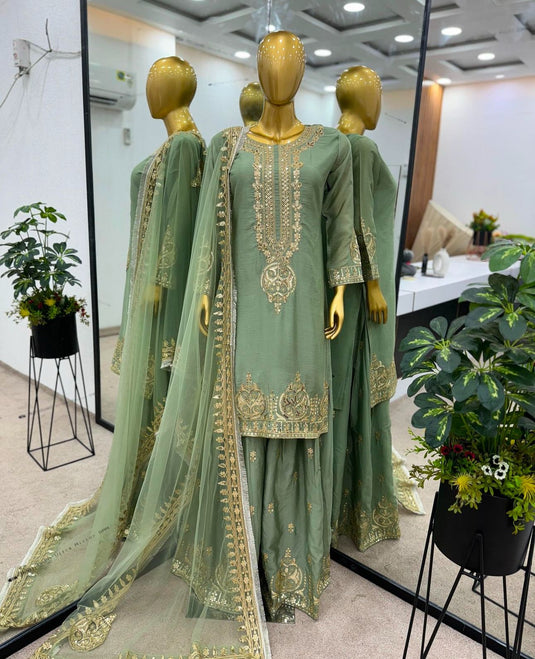 Embroidered Chinon Silk Top Bottom Dupatta Sharara Set, Pista Green in Germany