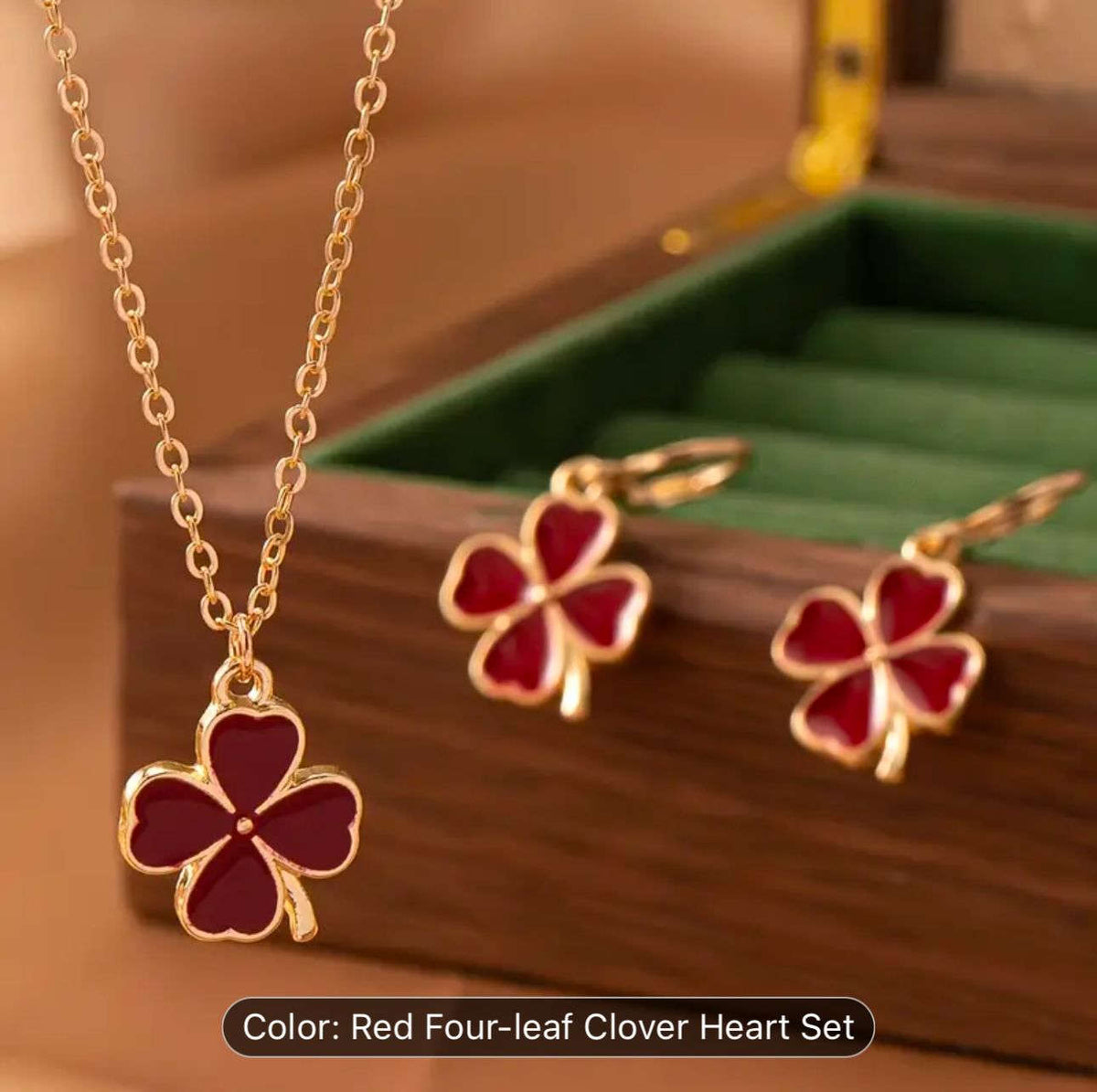 Red Four Leaf Clover Opal Pendant Necklace &amp; Earrings Jewelry Set in Berlin