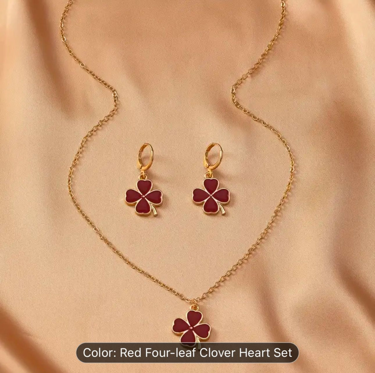 Red Four Leaf Clover Opal Pendant Necklace &amp; Earrings Jewelry Set in Berlin