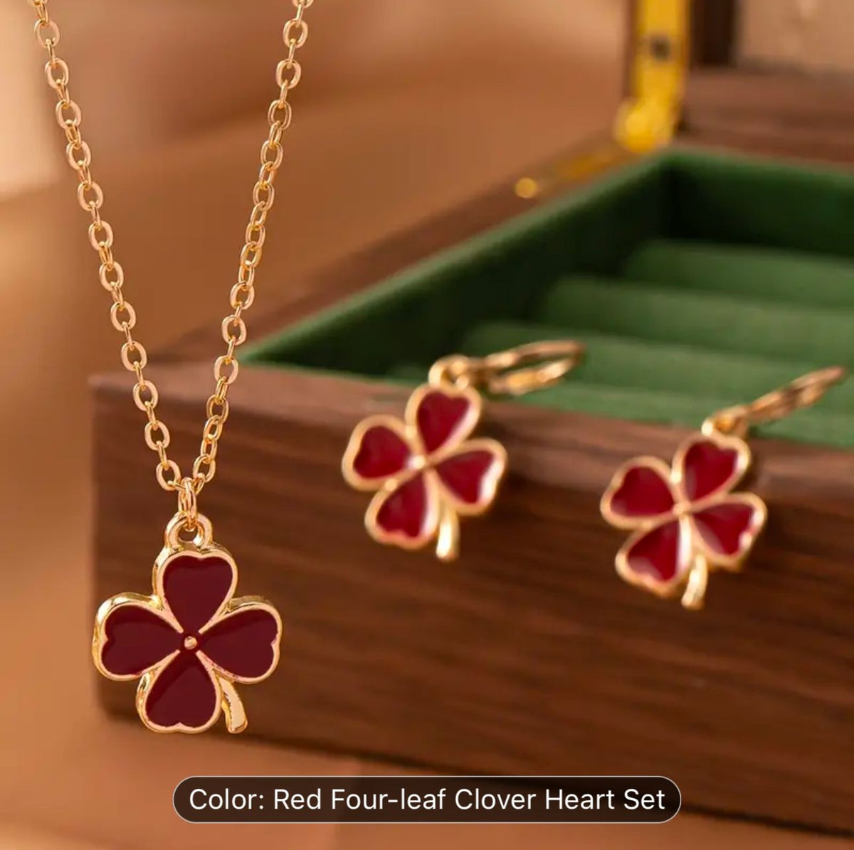 Red Four Leaf Clover Opal Pendant Necklace &amp; Earrings Jewelry Set in Berlin