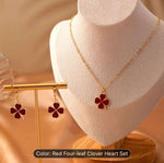 Red Four Leaf Clover Opal Pendant Necklace &amp; Earrings Jewelry Set in Berlin