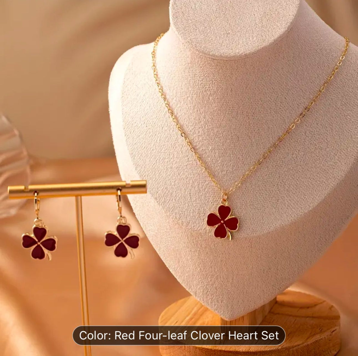 Red Four Leaf Clover Opal Pendant Necklace &amp; Earrings Jewelry Set in Berlin