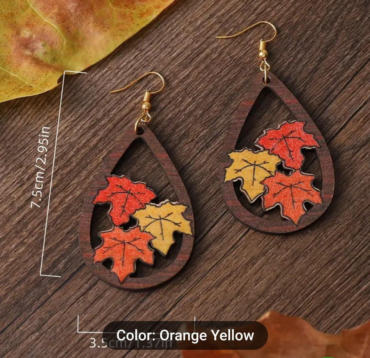 Wooden Pumpkin Maple Leaf Dangle Drop Earrings in Berlin