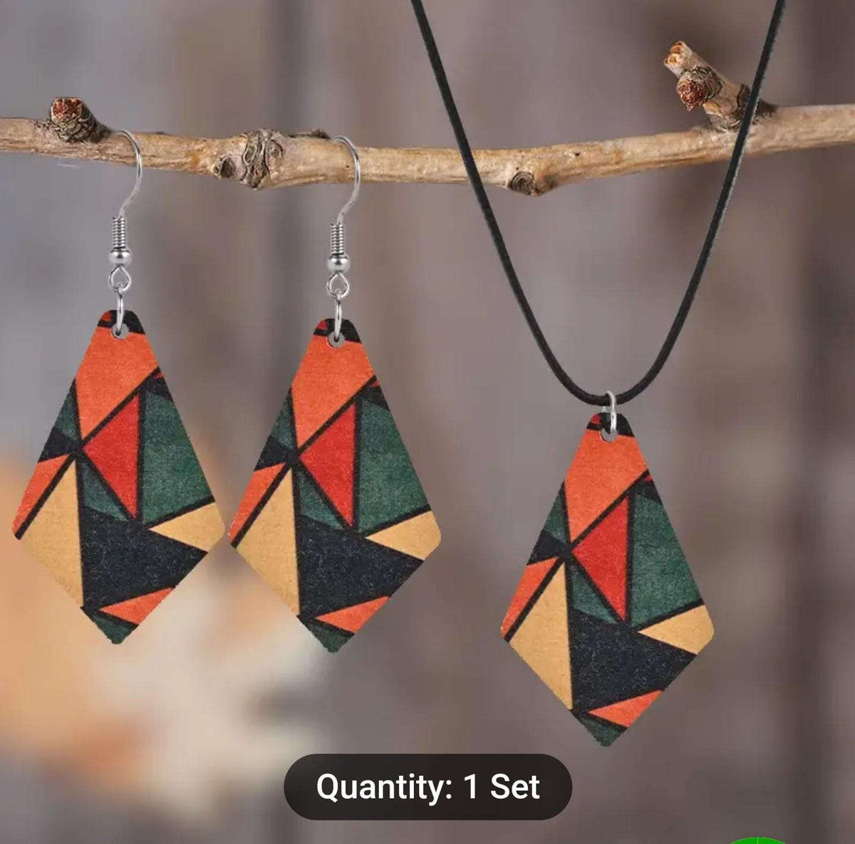 Simple Geometric Acrylic & Wood Splice Design Dangle Earrings And Chain