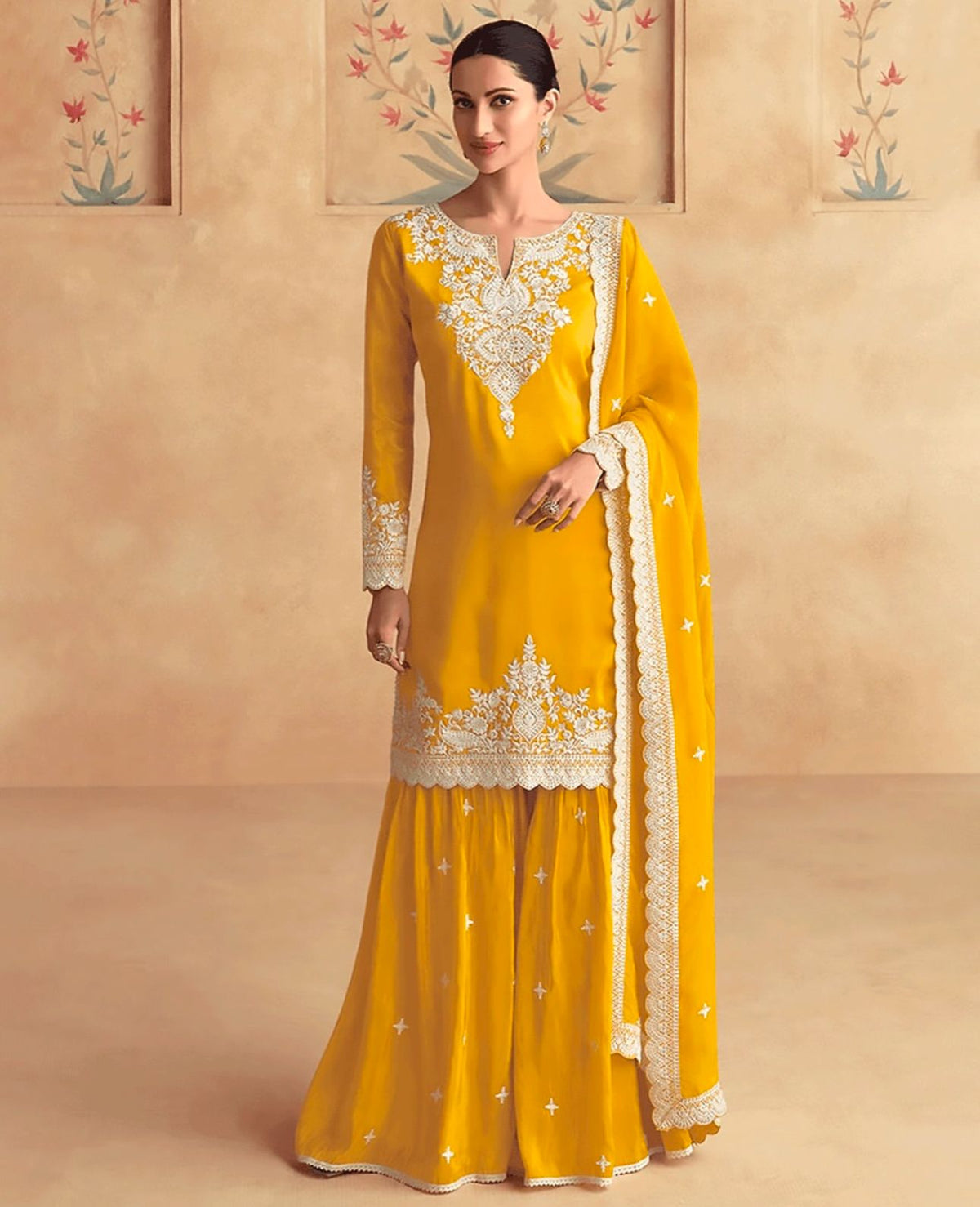 Yellow Floral Embroidered Sharara Set in Berlin