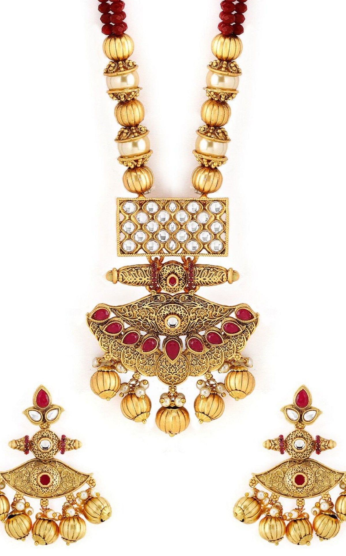 Women Anrique Gold-Toned & Red Embellished Temple Jewellery Set